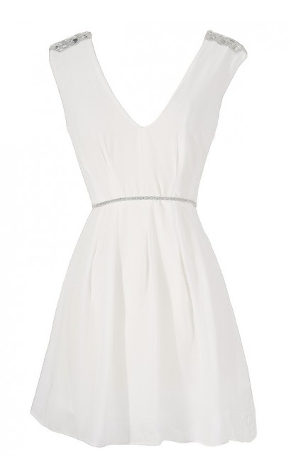 Belted Beaded Shoulder Chiffon Dress in White
