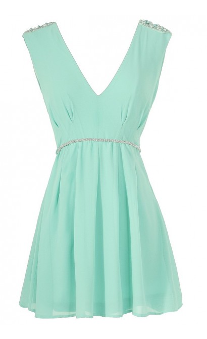 Belted Beaded Shoulder Chiffon Dress in Mint