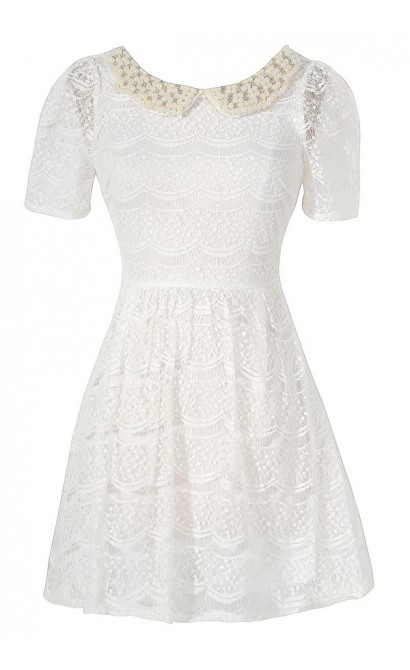 Pearl and Rhinestone Embellished Peter Pan Collar Lace Dress in Off White