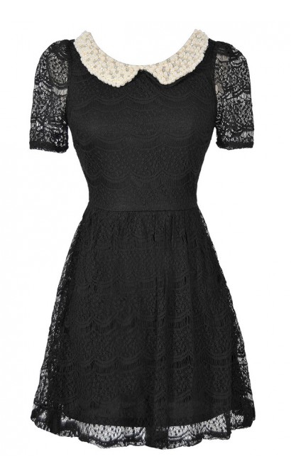 Pearl and Rhinestone Embellished Peter Pan Collar Lace Dress in Black