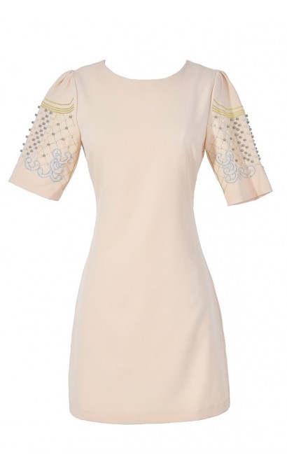 Light and Airy Embellished Sleeve Sheath Dress in Beige