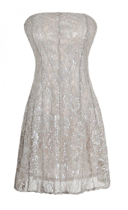 Metallic Angel Strapless Lace Dress in Silver Grey