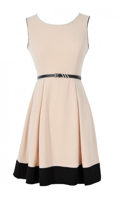 More Than Mod Beige and Black Belted A-Line Dress
