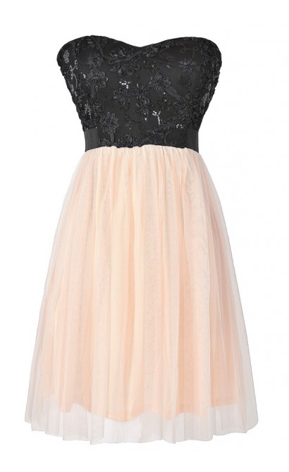 Sequin Textured Lace and Tulle Champagne and Black Dress