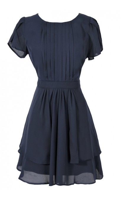 Pleat Front Crossover Sleeve Dress in Navy