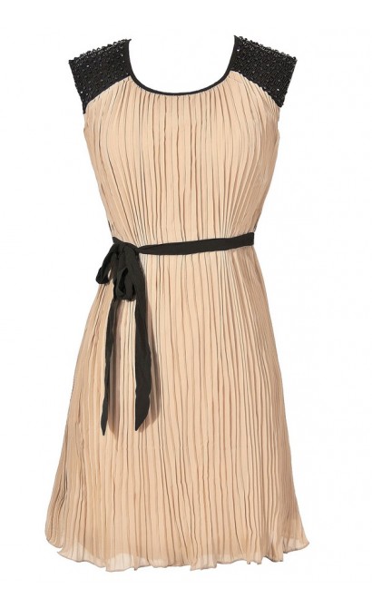 Roaring 20s Embellished Shoulder Pleated Chiffon Dress in Taupe