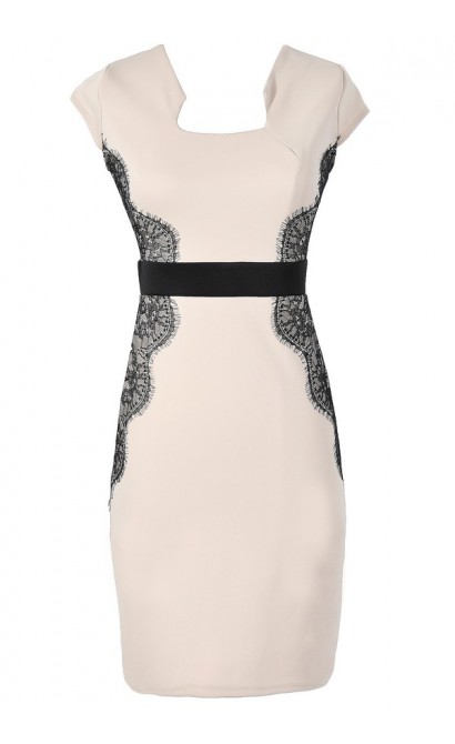 Touch of Lace Fitted Dress in Beige/Black