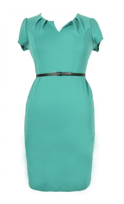 Posh and Professional Belted Pencil Dress in Jade - Plus Size