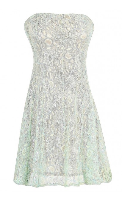 Metallic Angel Strapless Lace Dress in Silver Mint