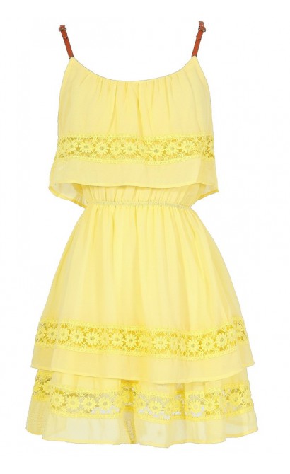 Cute Summer Dress, Bright Yellow Tiered Crochet Lace Dress, Bohemian Summer Dress, Bright Yellow Layered Dress