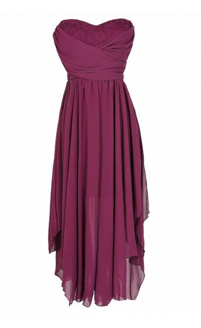 Berry Purple Chiffon and Lace Midi Dress, Berry Purple Chiffon Party Dress