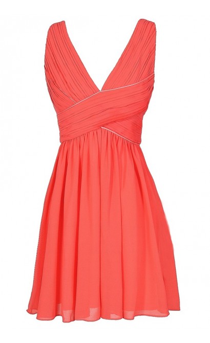 Cute Coral Chiffon Dress, Coral Chiffon Party Dress, Cute Coral Summer Cocktail Dress