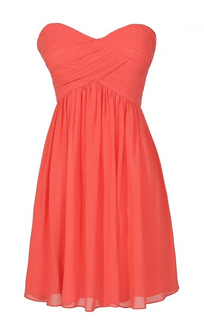 Cute Coral Chiffon Strapless Bridesmaid Dress, Cute Chiffon Coral Party Dress, Coral Chiffon Dress