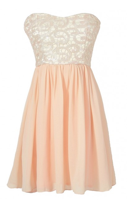 Pink Shimmer Lace Strapless Dress, Pale Pink Lace Bridesmaid Dress, Pink Lace Prom Dress, Pink Lace Chiffon Party Dress