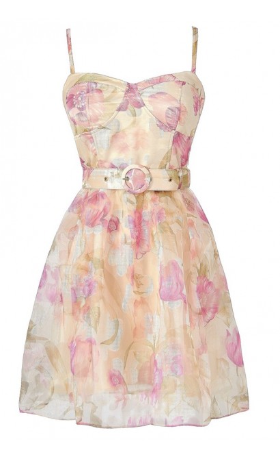 Pink and Ivory Belted Floral Sundress, Pink and Ivory Floral Print Dress, Cute Juniors Dress, Cute Floral Print Dress