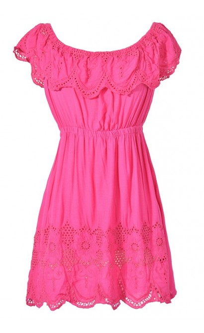Cute Hot Pink Eyelet Crochet Lace Tunic, Cute Hot Pink Bohemian Tunic, Hot Pink Ruffle Crochet Lace Tunic, Cute Summer Top