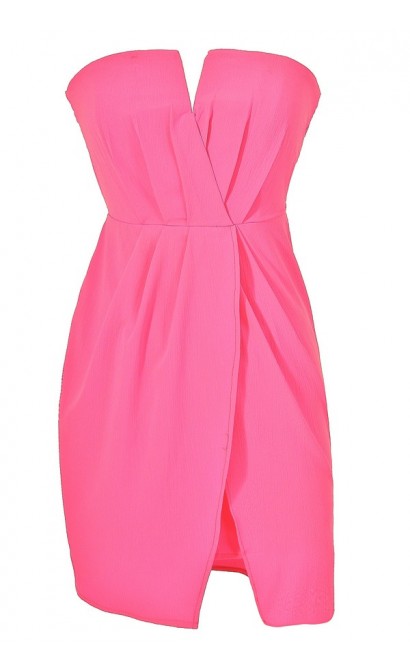 Neon Pink Chiffon Dress, Hot Pink Summer Party Dress, Neon Pink Tulip Skirt Dress