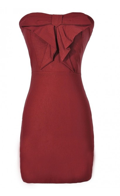 Burgundy Wine Fitted Cocktail Bow Front Pencil Dress, Burgundy Red Wine Strapless Bow Front Party Dress