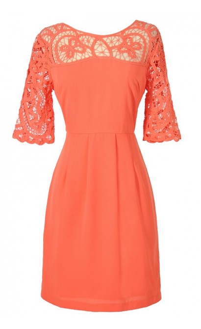 Orange Coral Crochet Lace Sheath Dress, Cute Orange Coral Summer Dress, Cute Juniors Crochet Lace Sheath Dress