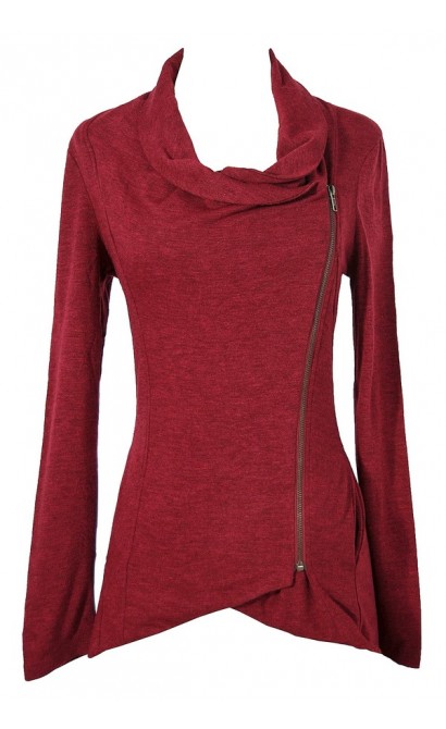 Cute Red Burgundy Crossover Sweater Jacket Top, Cute Red Casual Crossover Jacket