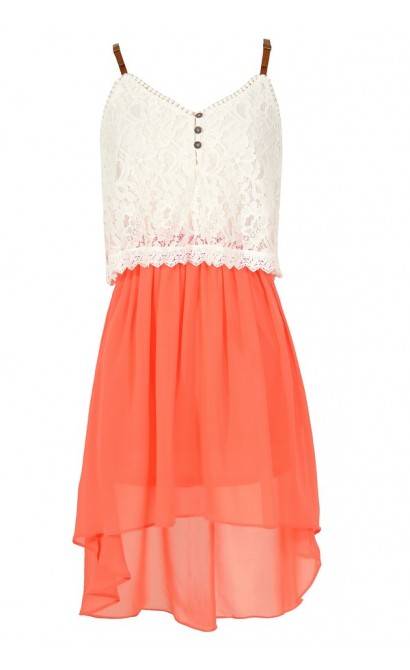 Orange Coral and Ivory Lace and Chiffon Flutter Top High Low Dress, Cute Orange Coral and Ivory Lace Summer Dress, Cute Juniors Dress