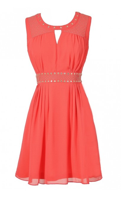 Cute Coral Chiffon Studded Dress, Cute Juniors Coral Chiffon Dress, Cute Coral Summer Dress