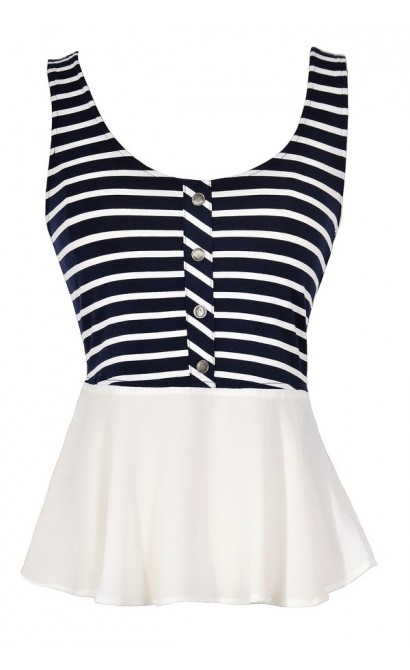 Navy and White Stripe Peplum Top, Navy and White Nautical Style Top, Stripe Casual Summer Top