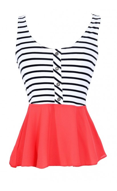 Aye Captain Striped Peplum Top in Coral Red/White