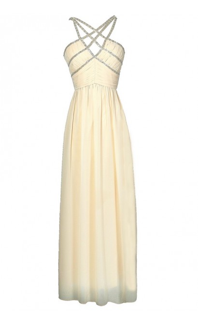 Beige Embellished Maxi Dress, Cute Ivory Beaded Prom Maxi Dress, Formal Beige Embellished Dress