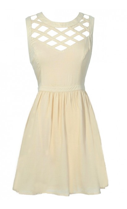 Cute Beige Cutout Lattice Dress, Cute Beige Party Dress, Beige Summer Dress  