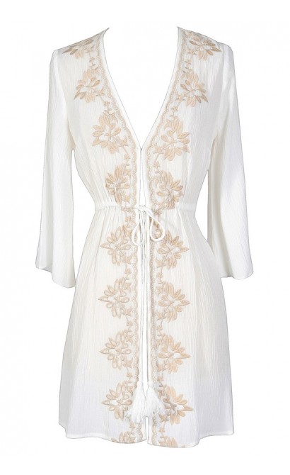 Cute Ivory Beach Coverup, Ivory Tie Front Coverup, Embroidered Beach ...