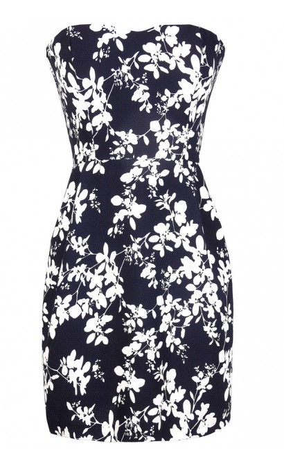 Navy and Ivory Floral Print Dress, Navy and White Sundress, Strapless Navy Summer Dress, Navy Floral Print Dress, Blue Floral Print Dress, Ivory and Blue Floral Print Sundress, Cute Navy Summer Dress