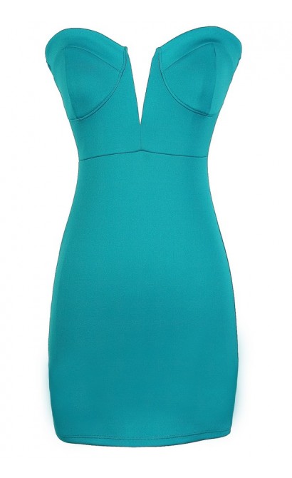 Sexy Teal Dress, Teal Bodycon Dress, Teal Bustier Dress, Teal Plunging Neckline Dress, Teal Club Dress, Cute Teal Dress