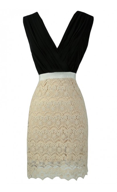 Black and Ivory Crochet Lace Dress, Cute Black and Ivory Pencil Dress, Black and Cream Pencil Dress, Cute Black and Cream Work Dress