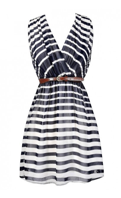Navy and Ivory Stripe Dress, Cute Summer Stripe Dress, Navy Nautical Stripe Dress, Navy and Ivory Belted Stripe Dress