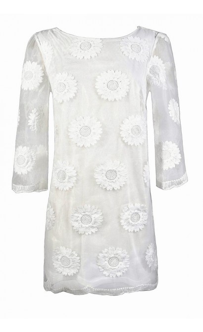 Cute White Dress, White Rehearsal Dinner Dress, White Bridal Shower Dress, Cute Summer Dress, Embroidered Sunflower Dress, White Embroidered Sheath Dress