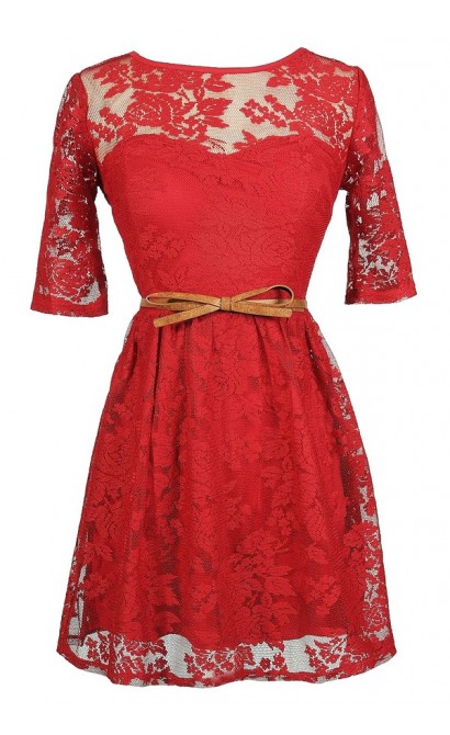 Red Lace Dress, Cute Red Dress, Belted Red Lace Dress, Red Lace Holiday Dress, Cute Holiday Dress, Red Lace A-Line Dress
