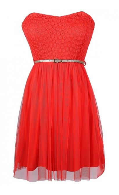 Red Strapless Dress, Cute Red Dress, Red Lace and Tulle Dress, Belted Red Dress, Cute Juniors Dress, Red Bridesmaid Dress, Red Party Dress