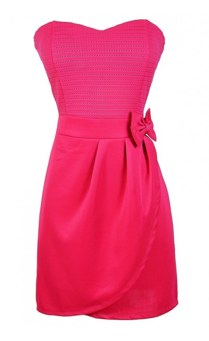 Hot Pink Dress, Cute Pink Bow Dress, Hot Pink Party Dress, Pink Strapless Dress, Cute Pink Summer Dress