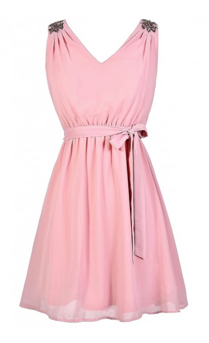 Pale Pink Dress, Pink Beaded Shoulder Dress, Embellished Shoulder Dress, Pink A-Line Party Dress, Blush Pink Chiffon Dress, Blush Pink Beaded Bridesmaid Dress, Cute Pink Summer Dress