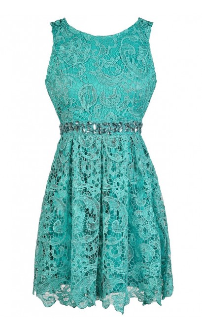 Teal Lace Rhinestone Dress, Teal Lace A-Line Dress, Cute Teal Lace ...