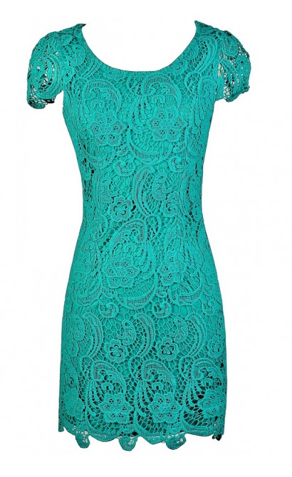 Teal Crochet Lace Dress, Teal Lace Capsleeve Dress, Crochet Lace Pencil Dress, Fitted Teal Crochet Lace Dress, Teal Pencil Dress, Cute Teal Dress