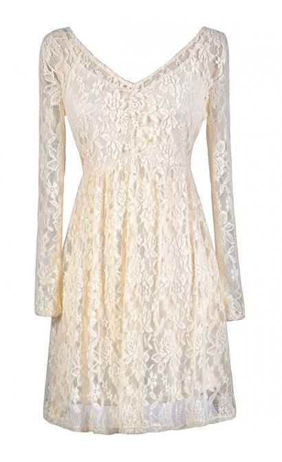 Ivory Lace Dress, Beige Lace Dress, Longsleeve Lace Dress, Beige Lace Rehearsal Dinner Dress, Ivory Lace Rehearsal Dinner Dress, Cute Lace Dress