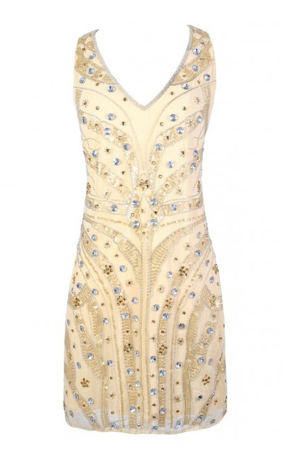 Roaring 20s Dress, Great Gatsby Dress, Embellished Party Dress, Beige Sequin and Rhinestone Dress, Beaded Great Gatsby Dress, Beaded Party Dress