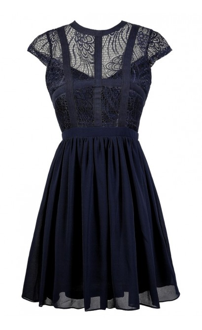 Cute Navy Dress, Navy Lace Dress, Blue Lace Dress, Navy A-Line Dress ...