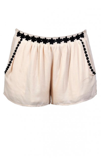 Cute Beige Shorts, Beige and Black Shorts, Beige Embroidered Shorts