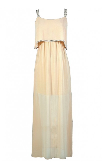 Beige Maxi Dress, Studded Maxi Dress, Flutter Top Maxi Dress, Beige Flutter Top Dress, Bohemian Maxi Dress, Boho Glam Maxi Dress, Off White Maxi Dress