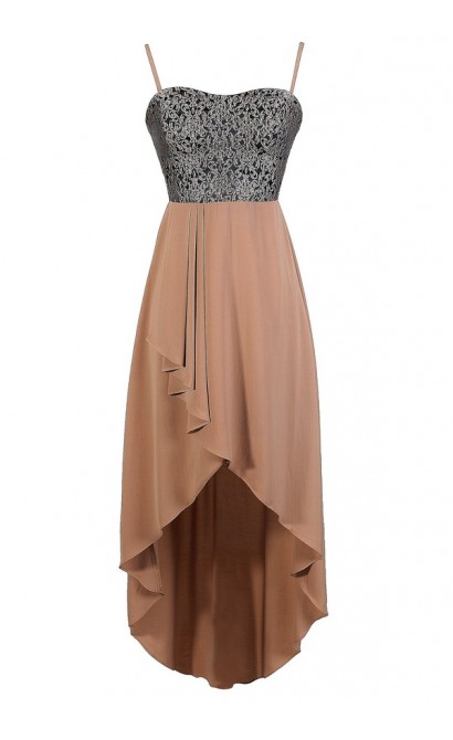 Mocha Brocade Dress, Mocha Floral Dress, Mocha high Low Dress, Taupe High Low Dress