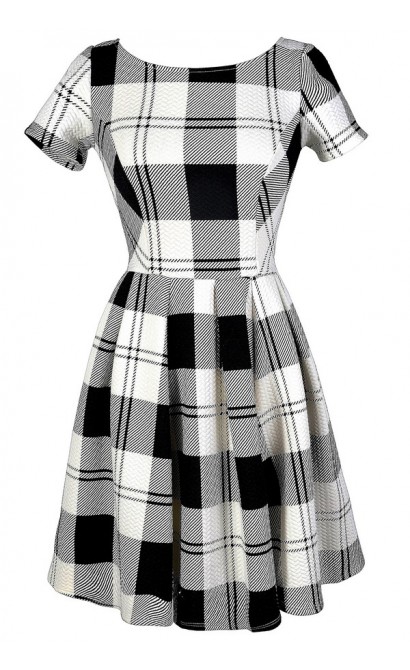 Black and White Plaid Dress, Cute Plaid Dress, Black and Ivory Plaid Dress, Black and White Plaid A-Line Dress, Black and Ivory Plaid A-Line Dress