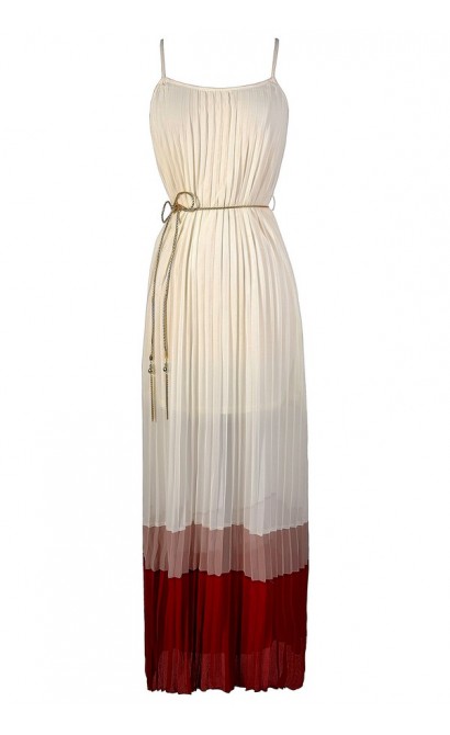 Pleated Chiffon Colorblock Hem Maxi Dress in Ivory/Red